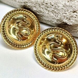NEW Yellow Gold-Plated Stainless Steel Snake Serpent Signet Round Dome Earrings